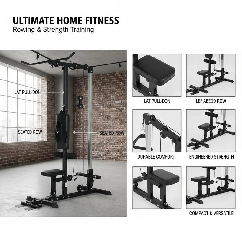 Home power rack, rowing machine, without weights, home fitness equipment, steel, faux leather, black