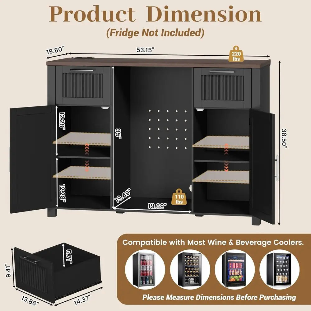 Coffee Bar Cabinet with Ridge Space, Mini Ridge Cabinet with Outlet, Wine Liquor Cabinet with Double Drawers, Luted Buffet Sideb