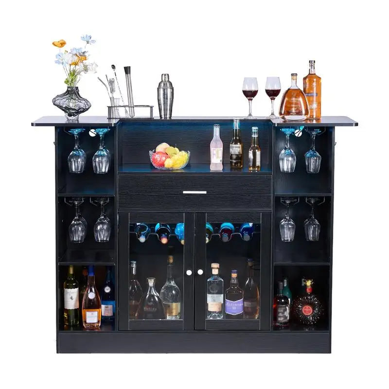 Home Bar Unit, Wine Bar Cabinet Table 4-Tier with Storage Drawer Shelves, Wine Glass Holder, Bottle Rack, LED Light, Wood & Metal Liquor Cabinet for Home, Basement, Kitchen, Living Room, Black