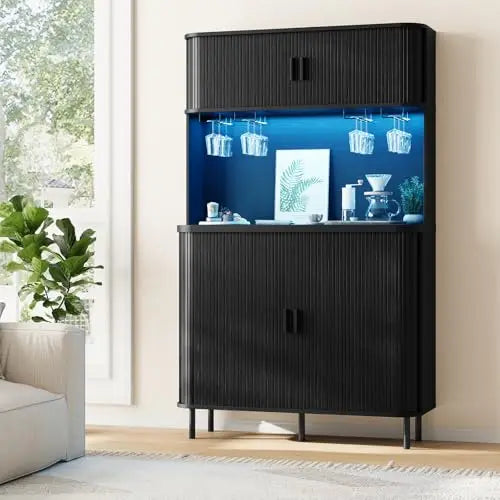 71-Inch Modern Fluted Bar Cabinet With Blue LED Backlight, 4 Integrated Wine Glass Holders, Storage Compartments And Coffee Area