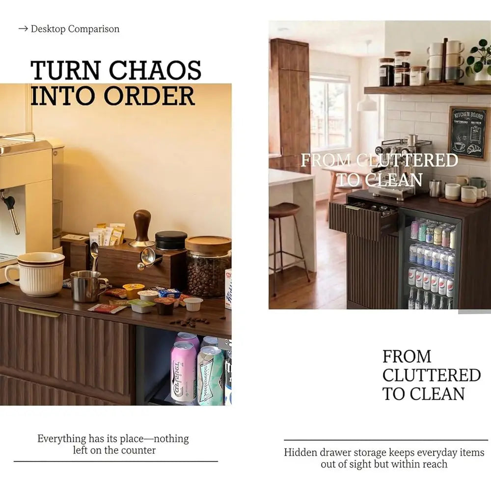 Compact Ridge Cabinet with Outlet, Coffee Bar Cabinet with Ridge and Wine Rack, Lattice Sideboard with Drawer and Adjustable She