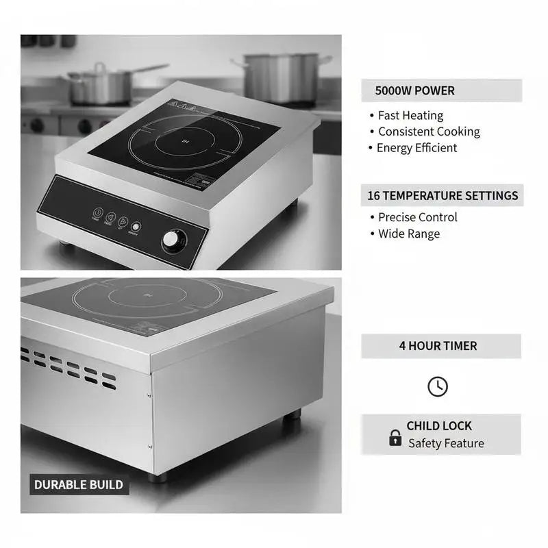 Portable Induction Cooktop, 5000W Commercial Induction Burner with 16 Temperature Settings, Stainless Steel Countertop Induction Hot Plate with 4H Timer, Child Lock, for Restaurant Cooking