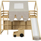 Twin Bed with Slide, Wooden House-Themed Play Loft, Ladder, Shelves, and Tent, Natural
