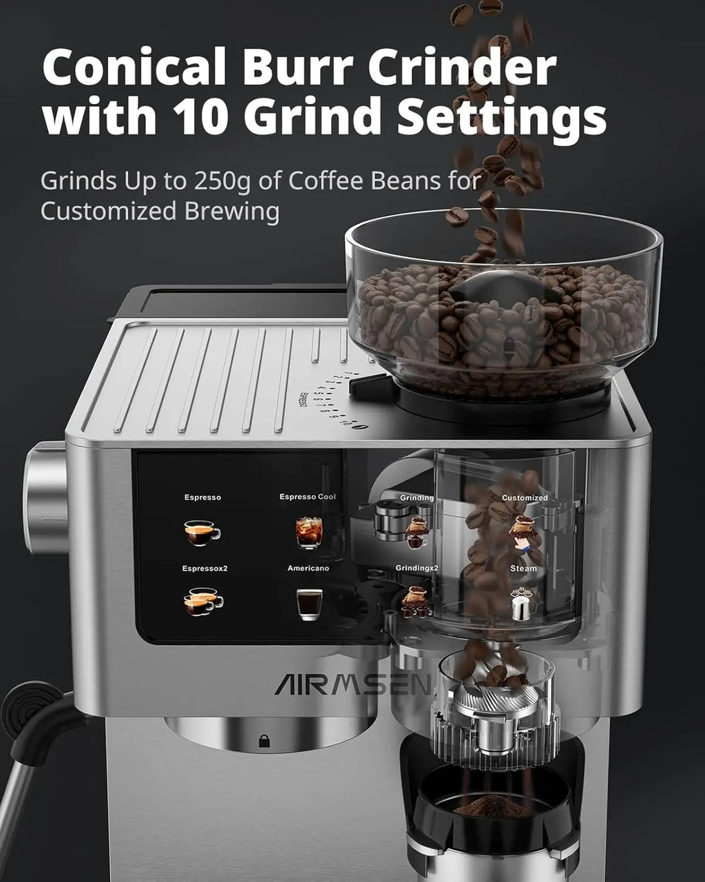 20 Bar Espresso Machine with Burr Grinder & Milk Frother, Stainless Steel, Home Coffee Maker for Cappuccino, Latte, Cold Brew, Americano