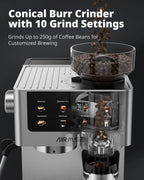 20 Bar Espresso Machine with Burr Grinder & Milk Frother, Stainless Steel, Home Coffee Maker for Cappuccino, Latte, Cold Brew, Americano