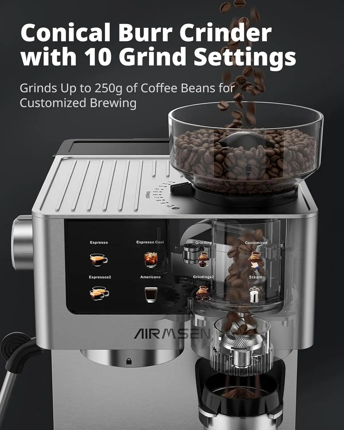 20 Bar Espresso Machine with Burr Grinder & Milk Frother, Stainless Steel, Home Coffee Maker for Cappuccino, Latte, Cold Brew, Americano