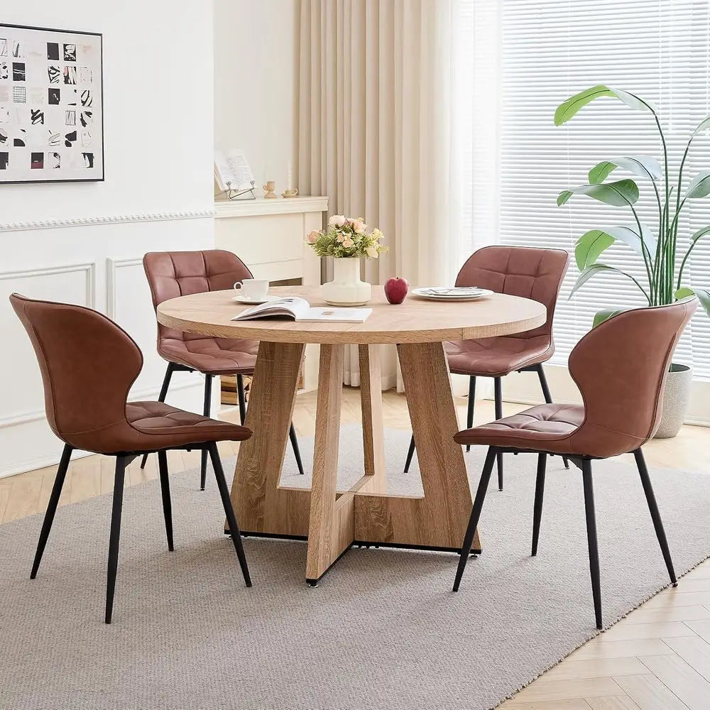 47 Round Dining Table with 4 Brown Upholstered Chairs - Modern Kitchen & Living Room Set