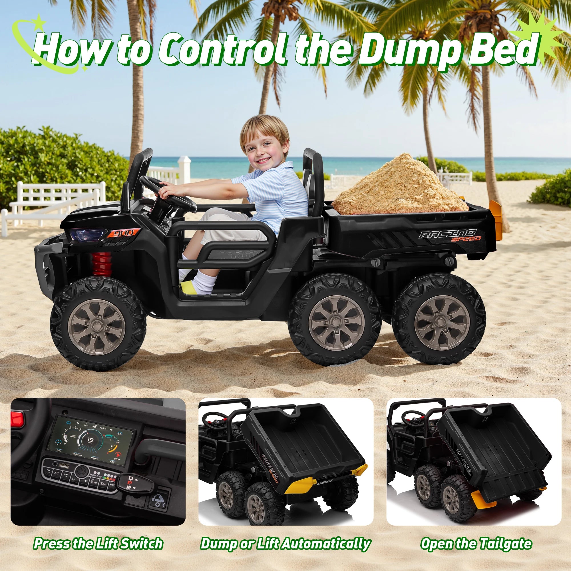 4x4 24V Ride on Dump Truck with Remote Control, 2 Seater Electric Powered Ride on Toys, 6-Wheel UTV Car w/ Tipping Bucket Trailer, Shovel, Suspension, Bluetooth Music,