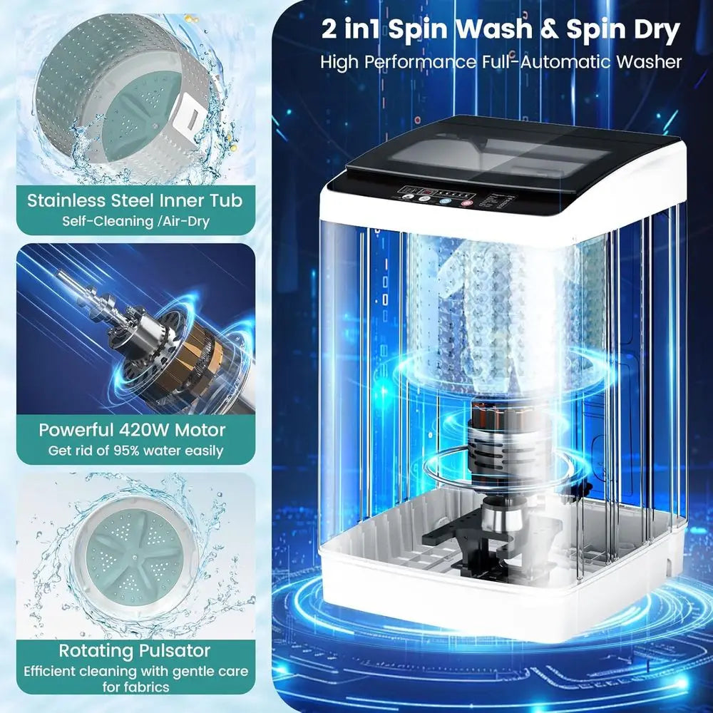 Fully Automatic Portable Washer with LED Display, 12 Cycles, 8 Water Levels, Large Capacity Combo Washer and Dryer
