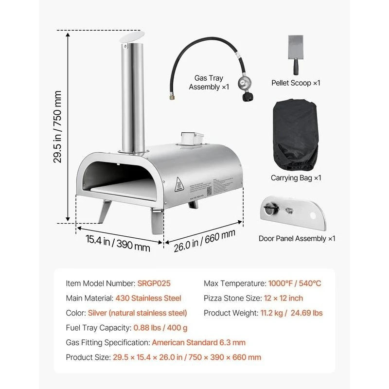 Dual Fuel Pizza Oven Outdoor, 12 Inch Wood Fire & Propane Gas Pizza Oven, Pellet & Propane Pizza-Maker with Thermometer, Stainless Steel Pizza-Cook for Outside Camping & Backyard