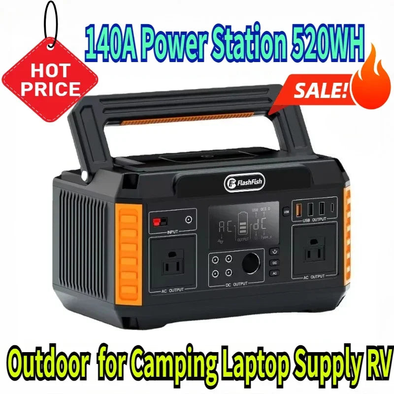 140A Portable Power Station 520WH Emergency Solar Generator Battery Pack Power Bank Outdoor for Camping Laptop Supply RV
