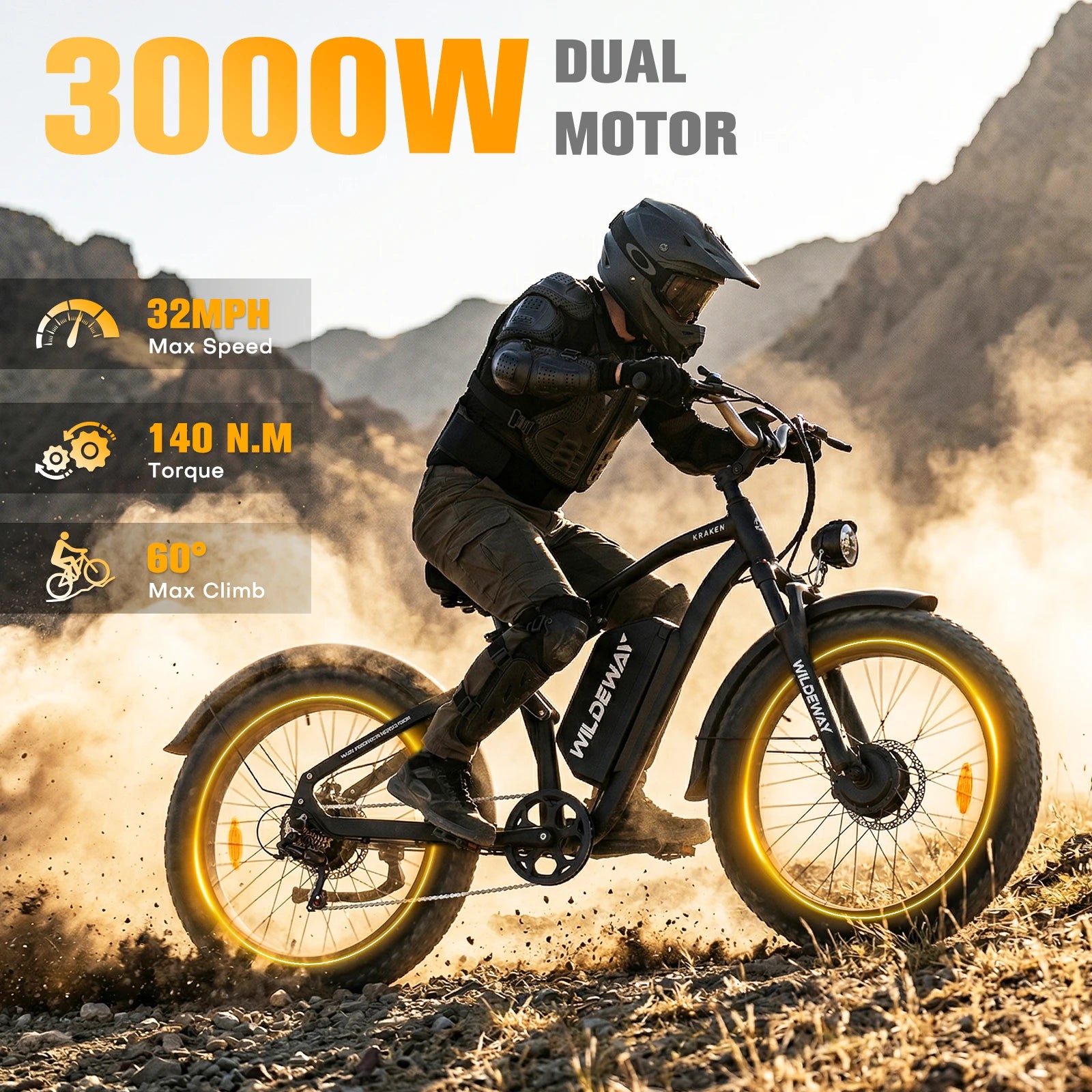 3000W Dual Motor Electric Bike 26' Fat Tire Ebike 32MPH 52V 25Ah Battery 80 Miles Range Full Suspension Off-Road Bicycle for Adults Hydraulic Brakes Snow Sand Mountain