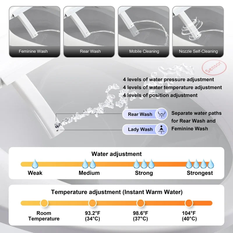 Heated Smart Bidet Seat with Adjustable Water Temp & Pressure, Side Control, Automatic Nozzle Clean, Night Light, Portable Toilet Attachment