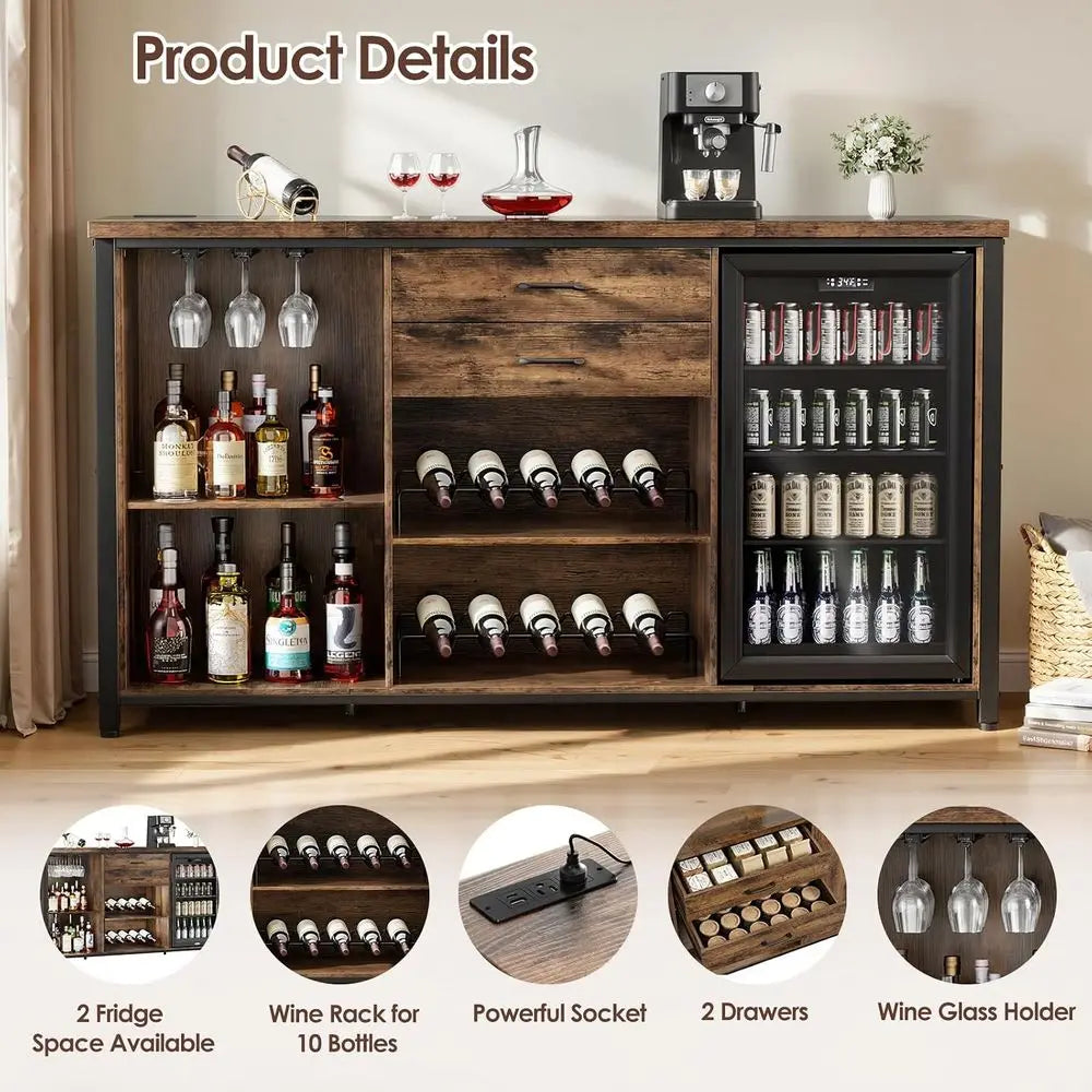 Large Coffee and Wine Cabinet with Ridge Storage, 70.8 Long, Wooden Buffet Sideboard, Home Bar Cabinet with Drawers, Rustic Brow