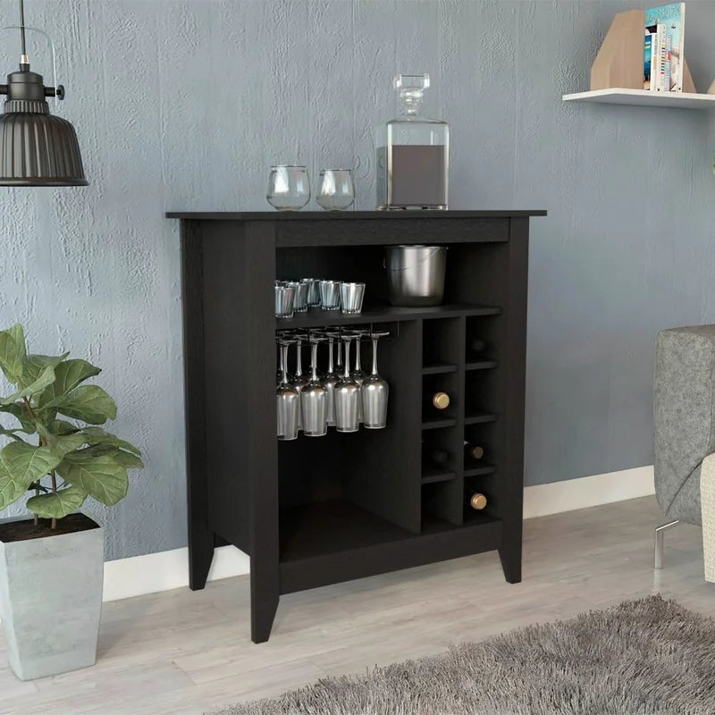 Black Bar Cabinet with Open Shelf, Wine Racks, and Drawer