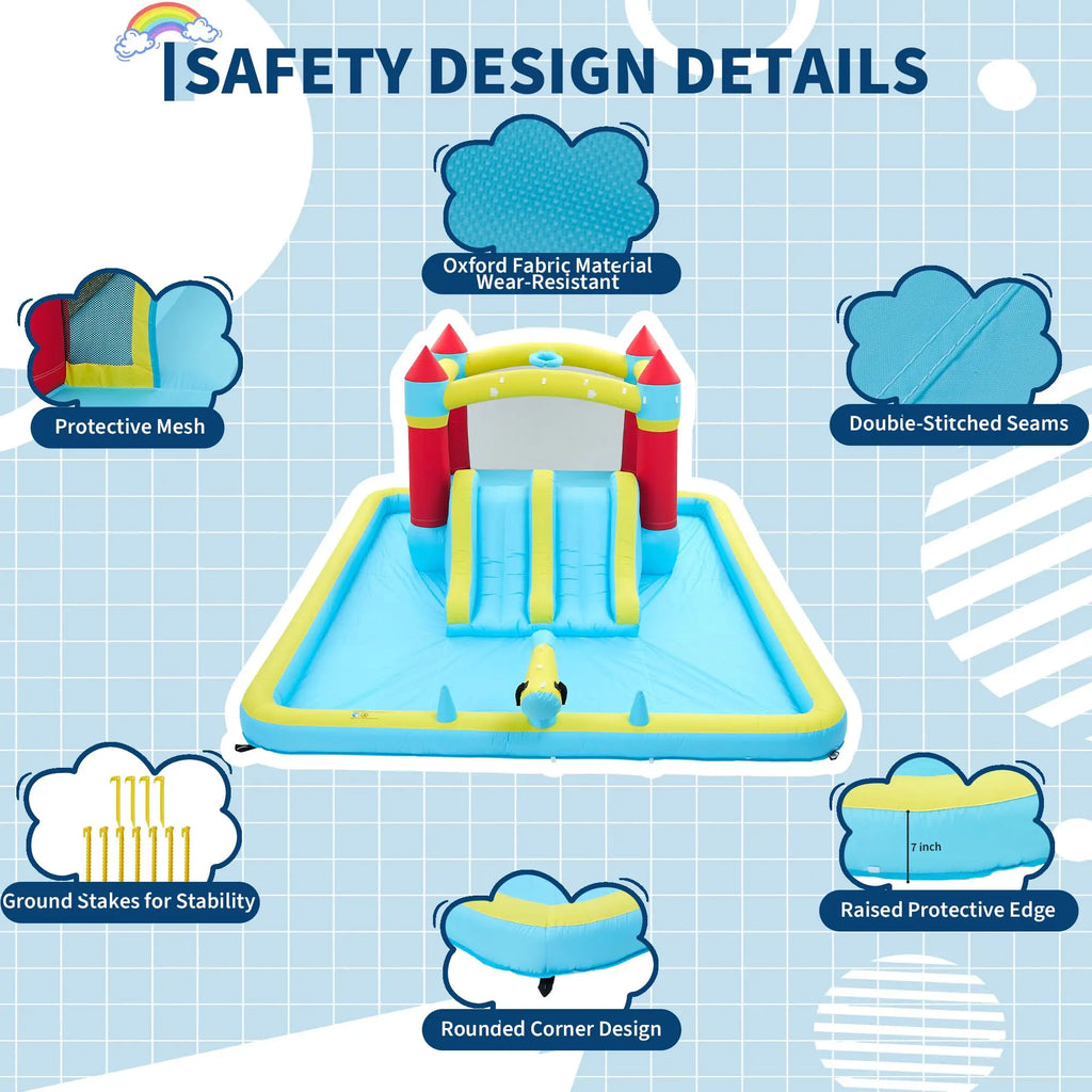 14FT Inflatable Bounce House Jump House For Kids With Slide, 350W Blower, 7-in-1 Indoor Outdoor Water Park Splash Pool