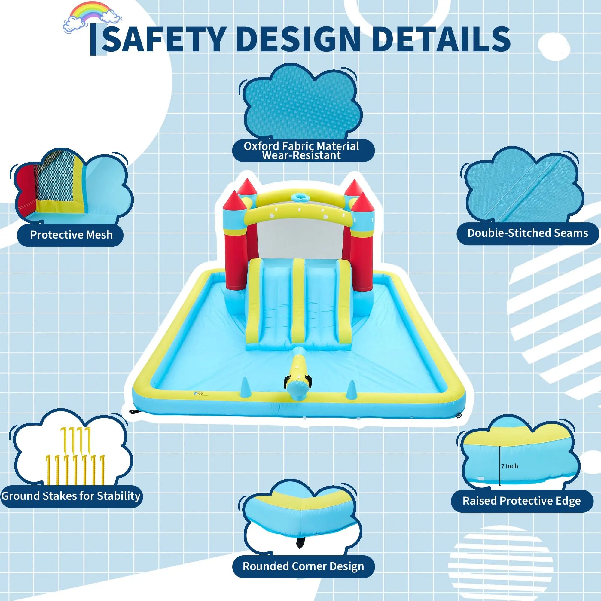 14FT Inflatable Bounce House Jump House For Kids With Slide, 350W Blower, 7-in-1 Indoor Outdoor Water Park Splash Pool