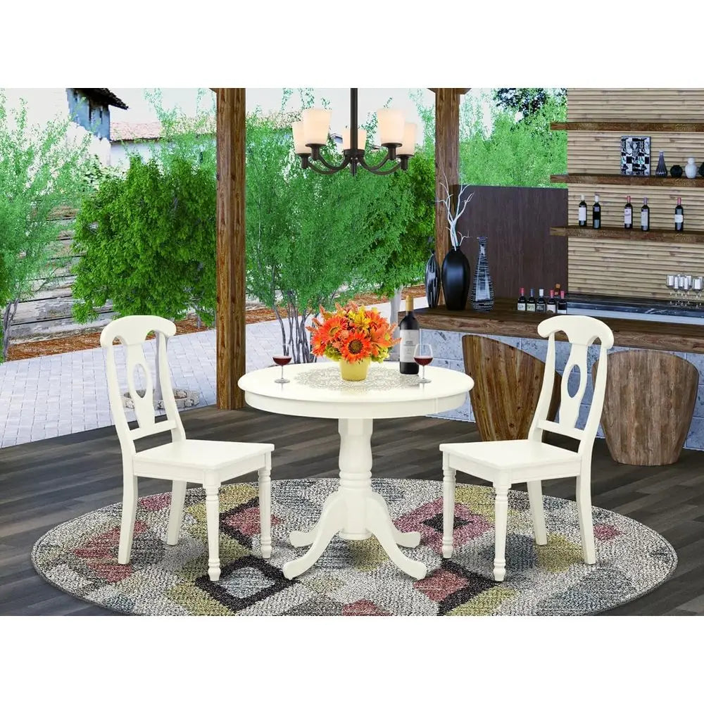 3-Piece Dining Set: Round Pedestal Table with 2 Chairs, 36x36, Linen White