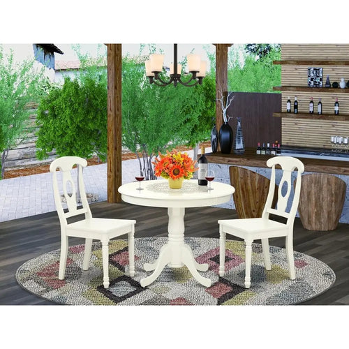3-Piece Dining Set: Round Pedestal Table with 2 Chairs, 36x36, Linen White