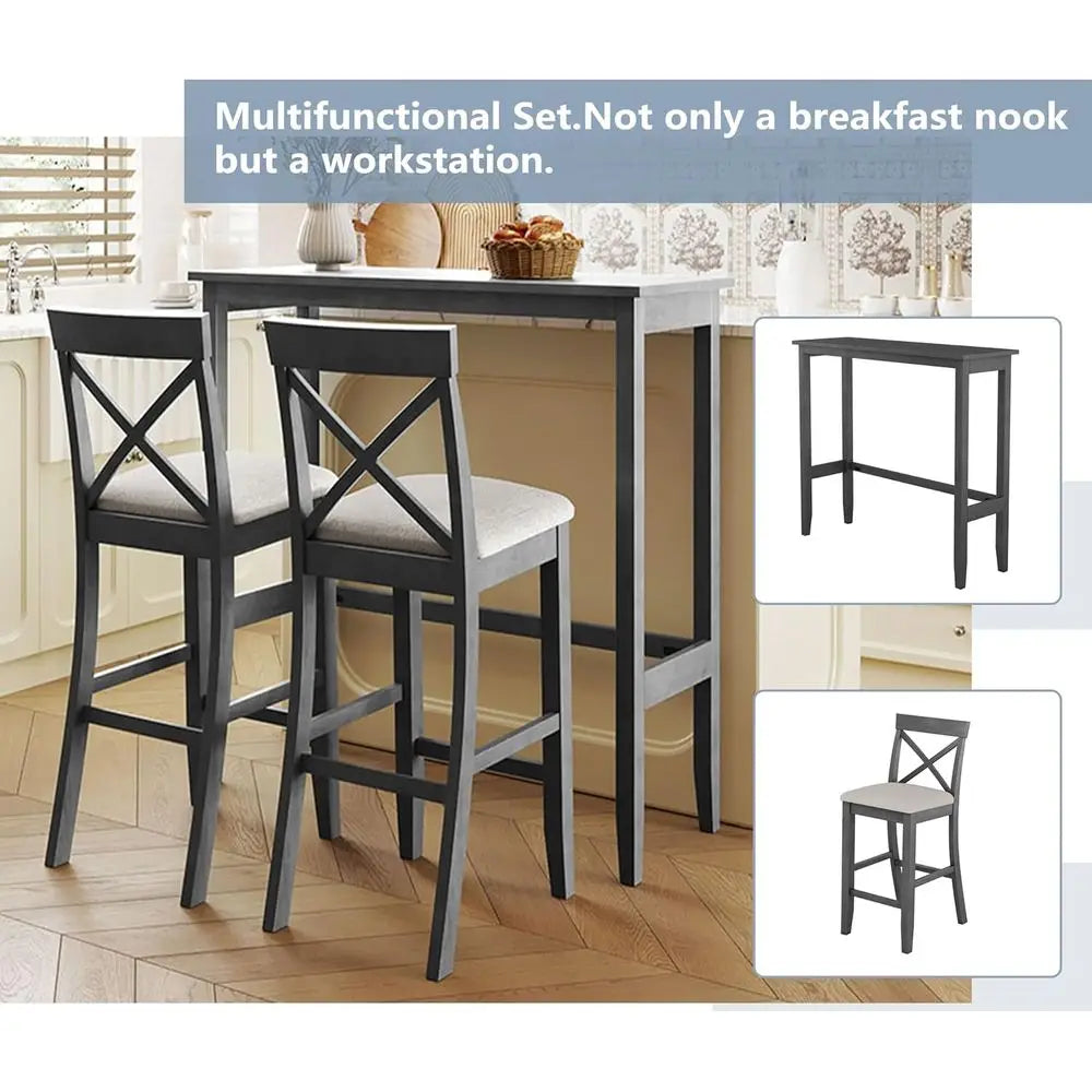 Gray 3-Piece Wooden High-Top Pub Table and Chairs Set for Breakfast Nook