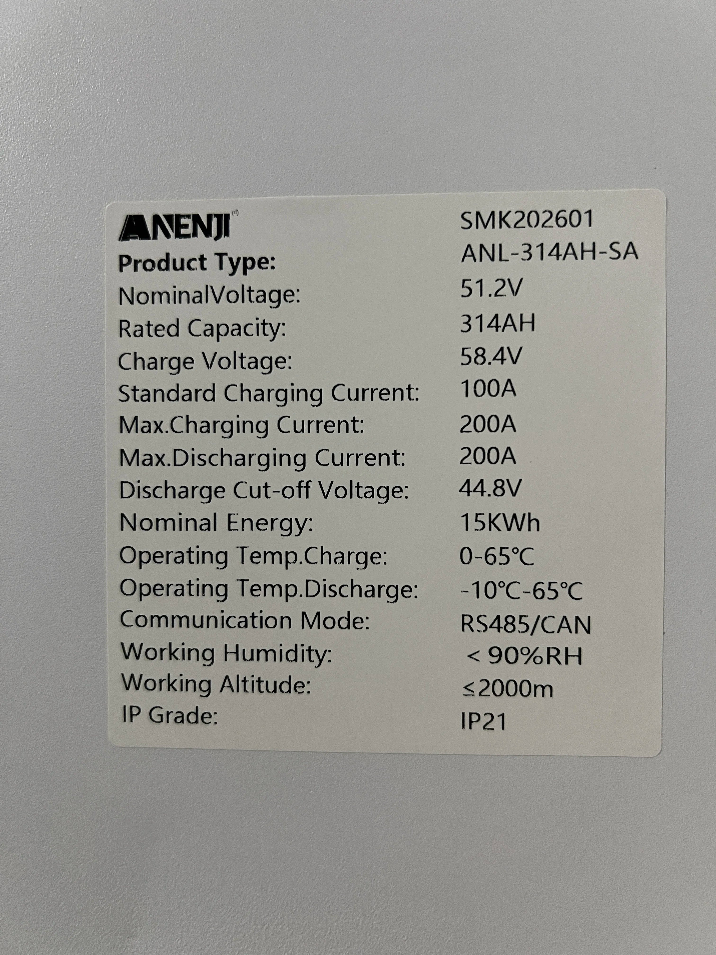 Aninerel US STOCK 48V 314Ah LiFePO4 Battery 15Kwh solar battery 6000+ Cycles BT 51.2V 314Ah Home Solar RV Lithium Battery BMS