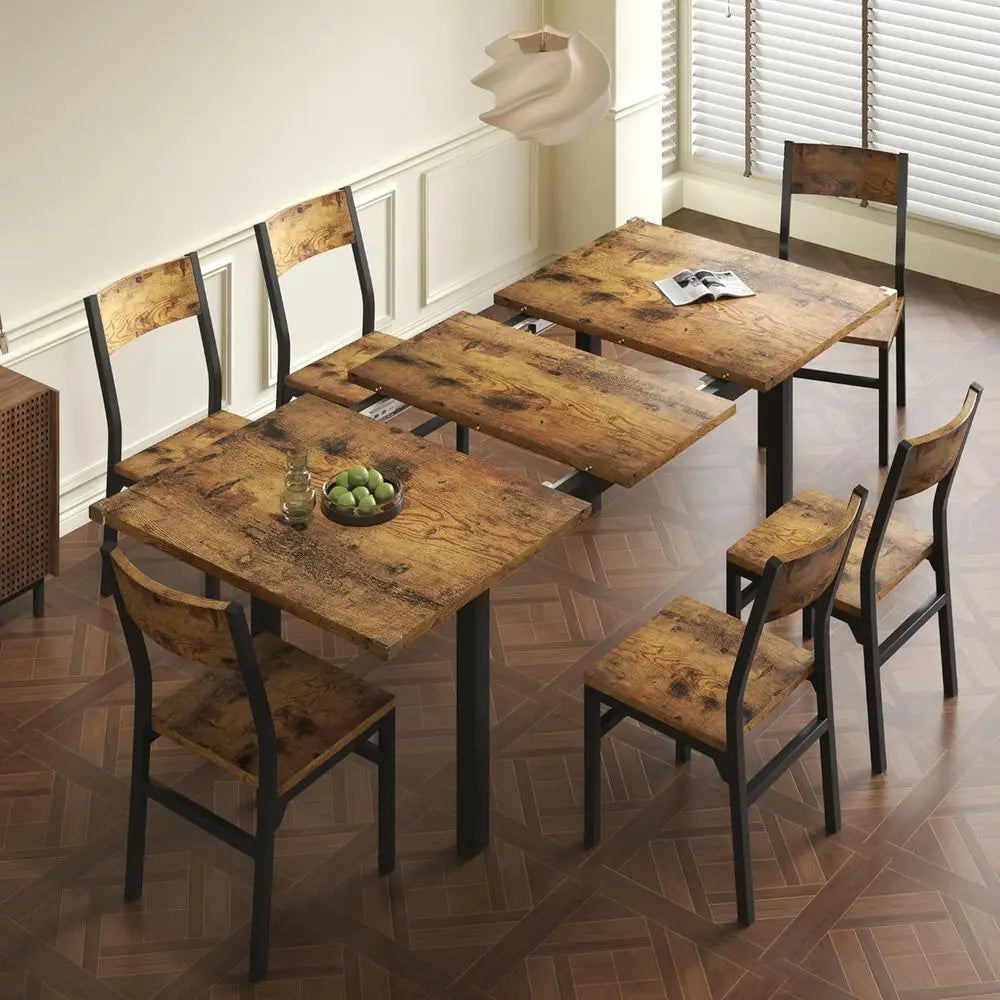Rustic Brown 7-Piece Dining Set with 63 Extendable Table and 6 Chairs for Kitchen or Dining Room