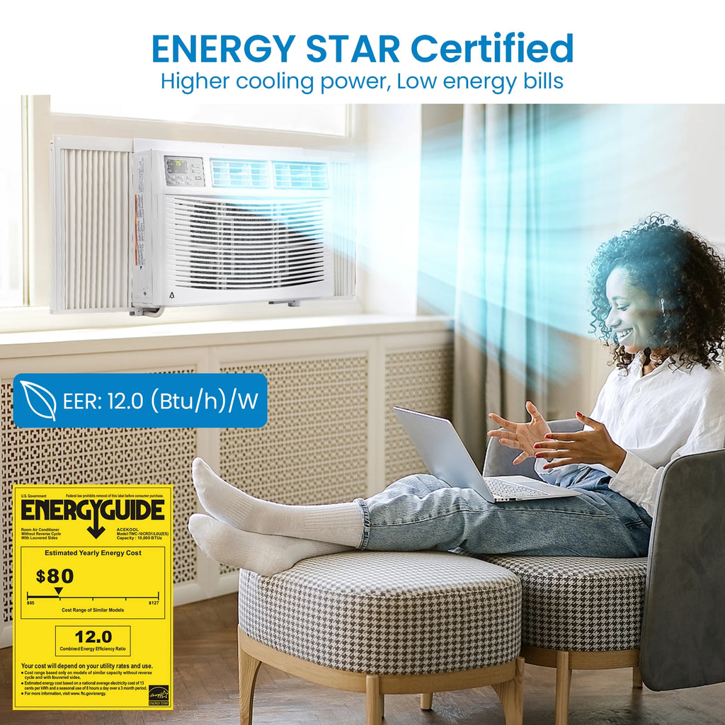 10,000 BTU Window Air Conditioner, Air Conditioners Window-Mounted Room Fast Cooling for 450 Sq.Ft. Indoor Window AC Unit for Summer, Auto-Restart, 3 Cooling & Fan Speeds, Remote/App Control
