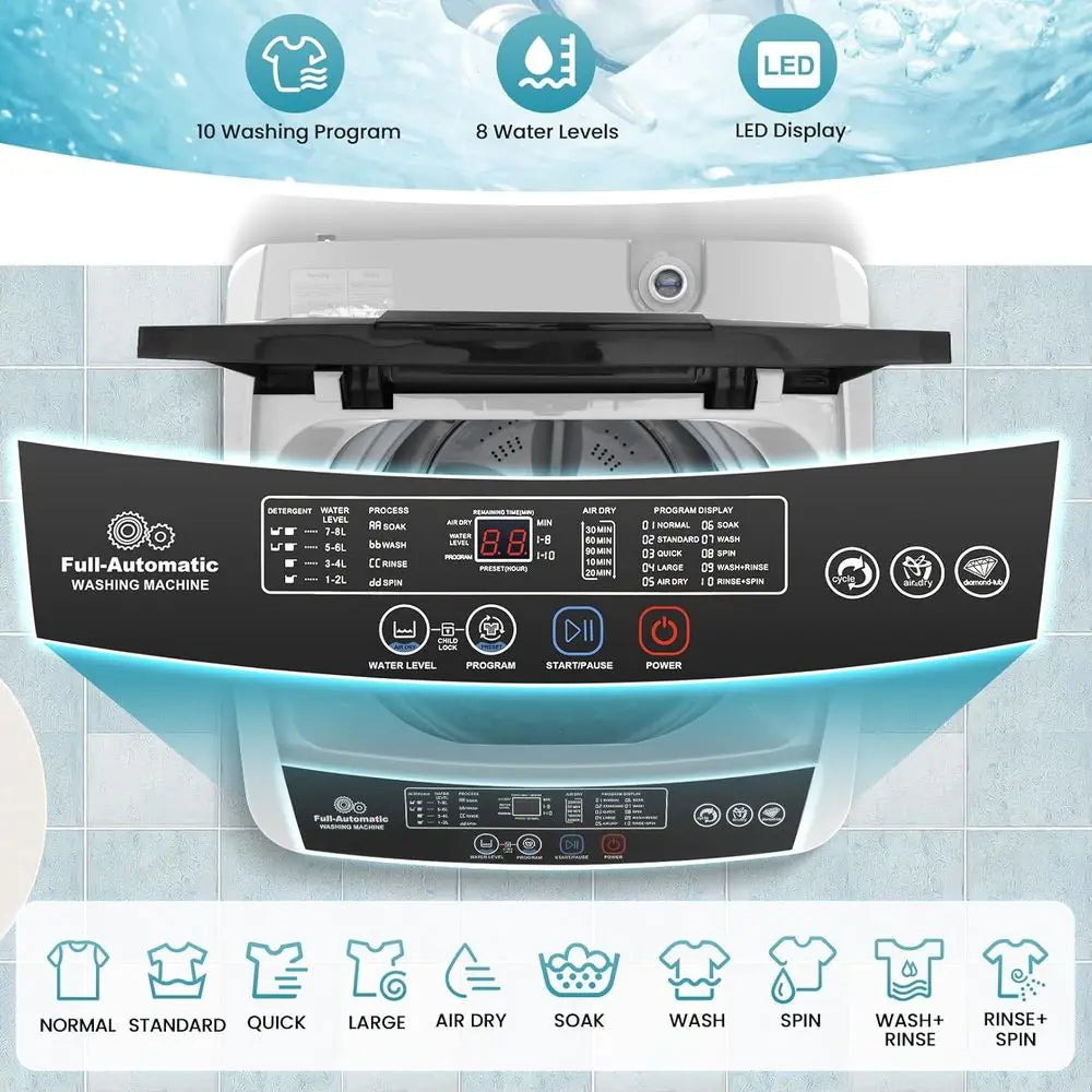 Compact 17.8 lbs Automatic Portable Washing Machine with 10 Programs, LED Display and Drain Pump, Ideal for RV, Dorm, and Home U