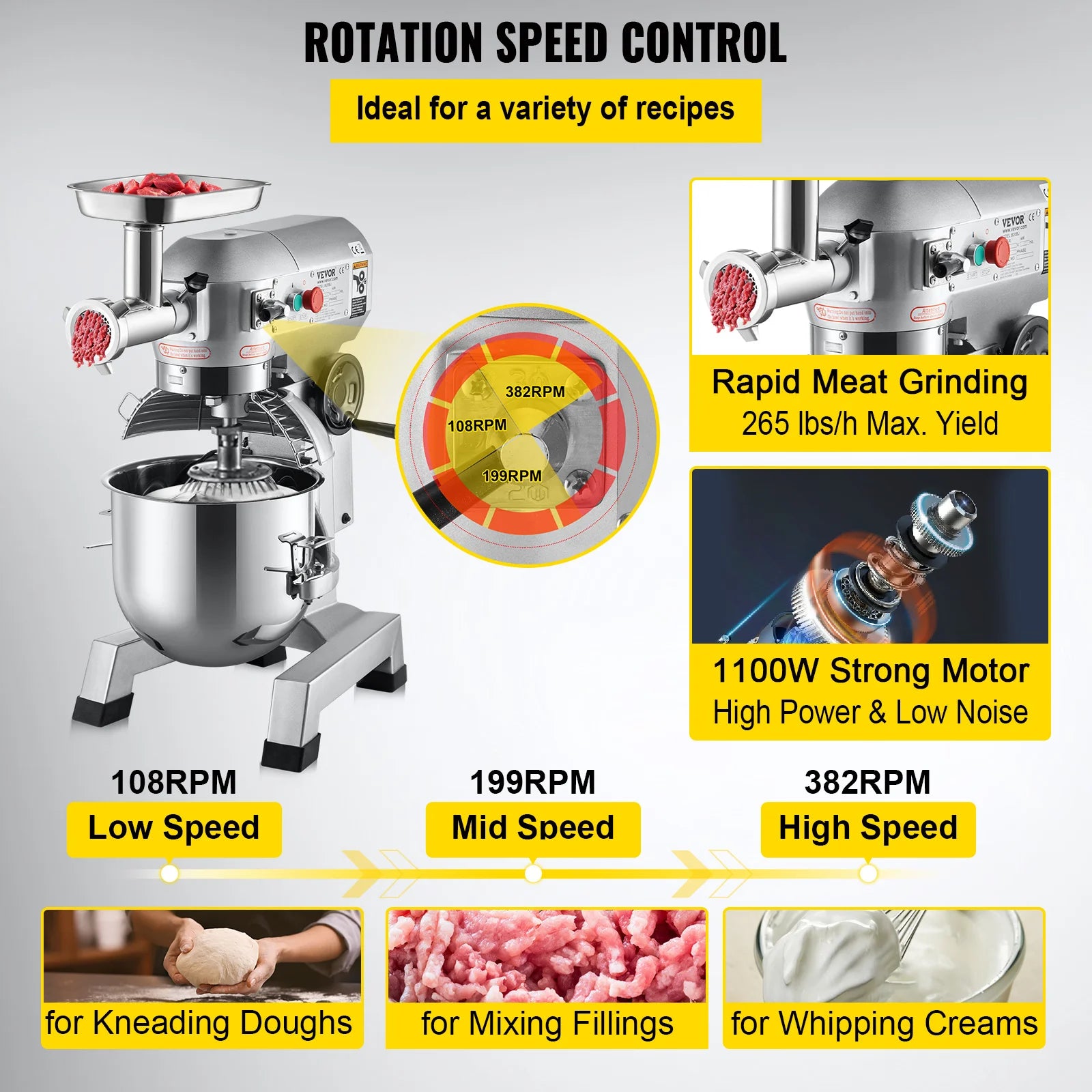 20QT Stainless Steel Stand Mixer with Meat Grinder Attachment – 1100W Dual-Function Kitchen Appliance, Includes Dough Hook, Whisk & Beater, 3 Adjustable Speeds for Baking, Mixing & Grinding