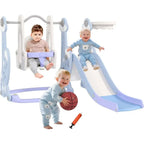 Light Blue Toddler Slide and Swing Set for Ages 1.5-4, Indoor Playground with Climber, Basketball, and Rocket Theme