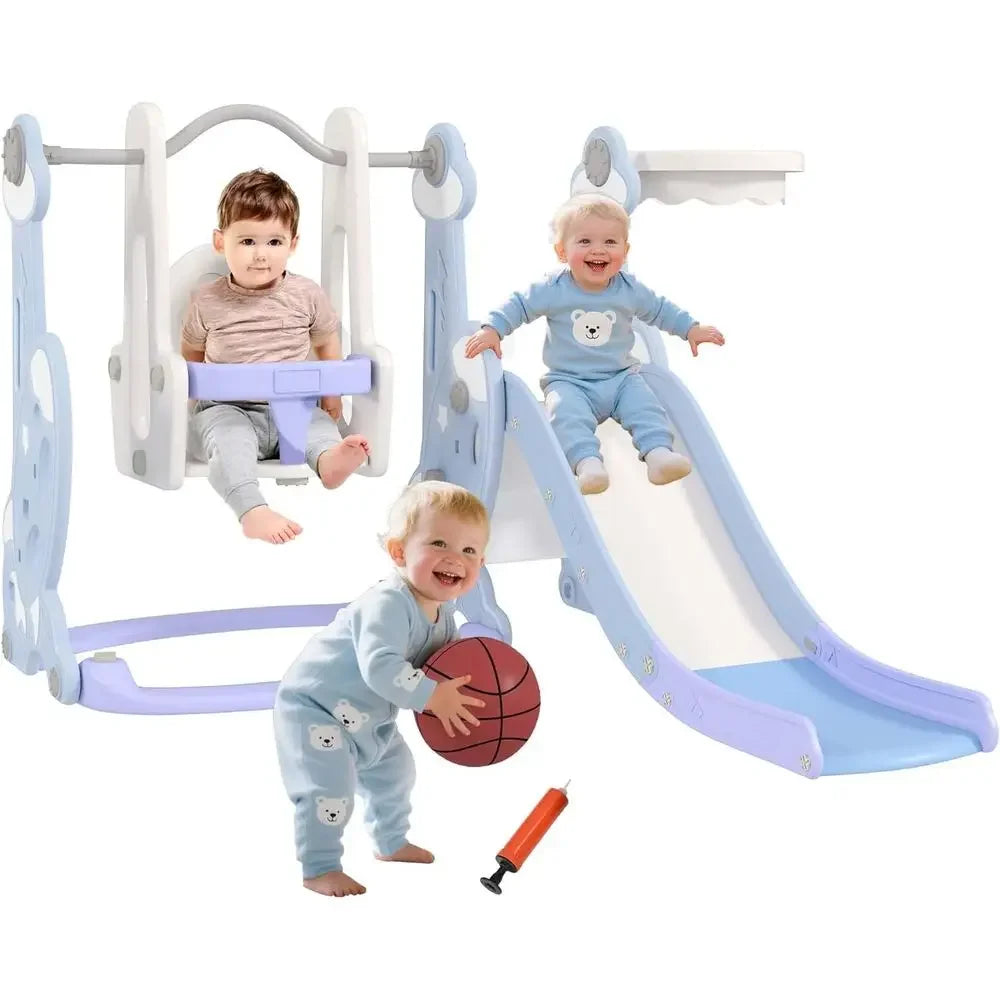 Light Blue Toddler Slide and Swing Set for Ages 1.5-4, Indoor Playground with Climber, Basketball, and Rocket Theme
