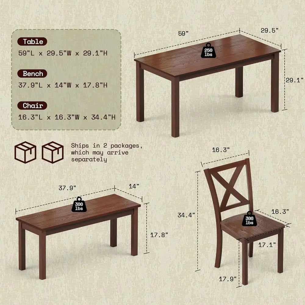 Rustic 59 Wooden Dining Table with 4 Chairs & Bench, Space-Saving 6-Piece Set in Walnut