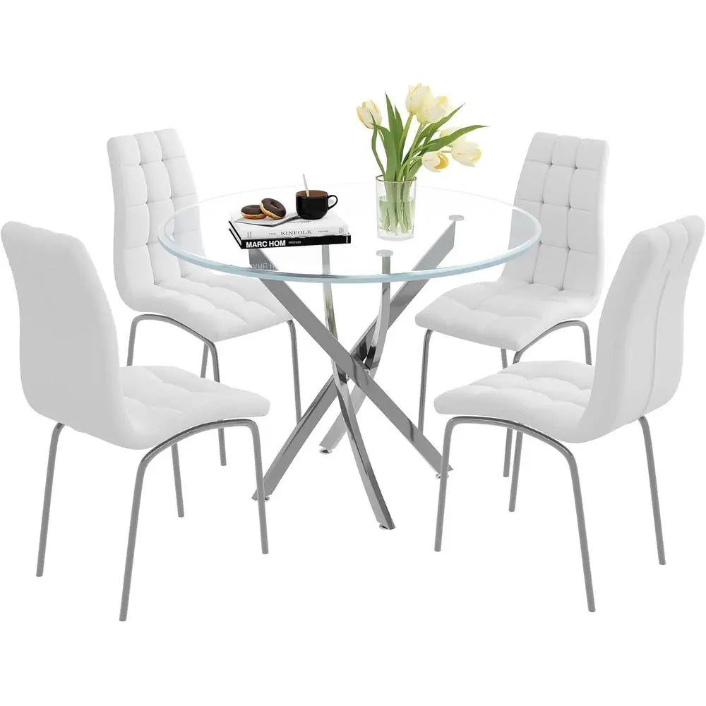 5-Piece Glass Dining Table Set, Round Kitchen Table Set or 4 with Silver Glass Table and 4 White aux Leather Upholstered Dining