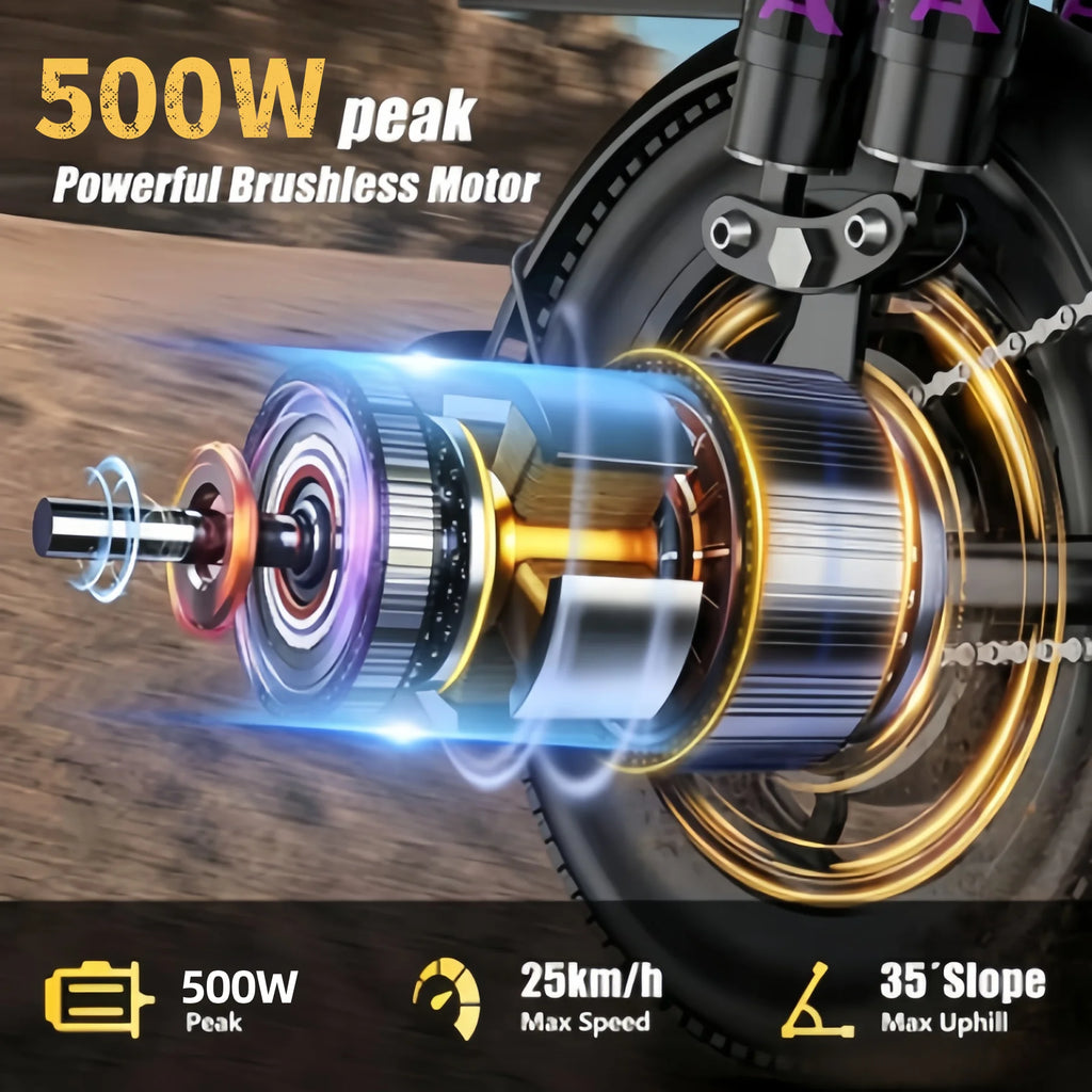 Foldable electric bicycle for adults, equipped with 14-inch tires, featuring 8 shock absorbers, a 500W motor power, a 48V 15Ah c