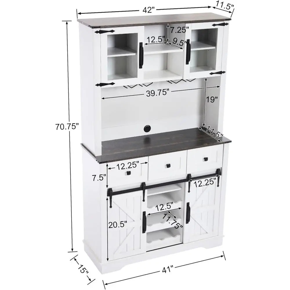 Sliding Door Pantry Cabinet with Drawers & Wine Rack, Rustic Buffet for Kitchen, White and Black