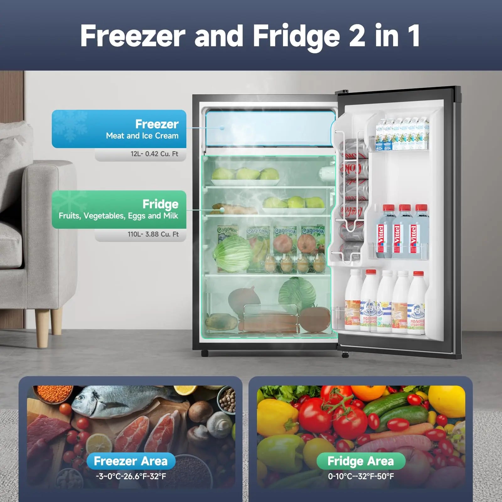 4.3 Cu.ft Mini Fridge with Freezer, Compact Refrigerator Single Door for Bedroom Office Dorm RV, Adjustable Thermostat, Removable Glass Shelves & Crisper Drawer