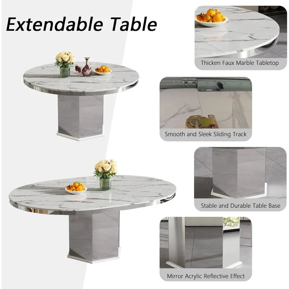 Round Expanding Marble Dining Table Set with Velvet Chairs