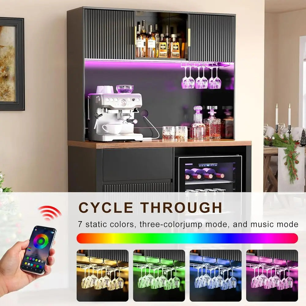 72 High Bar Cabinet with Ridged Storage, LED-lit Liquor Hutch for Home Bar or Dining Area