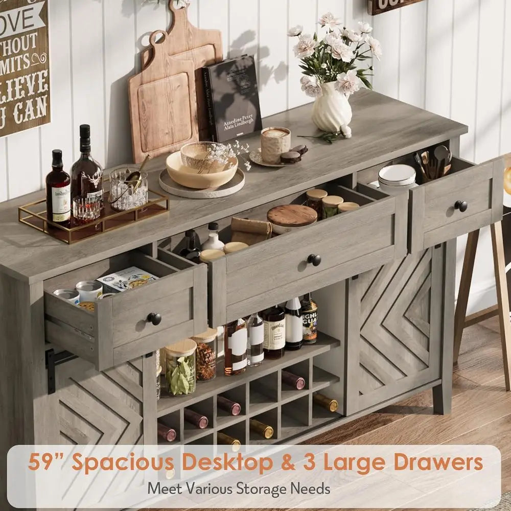 59 Vintage Wine Bar Cabinet with Sliding Door, 3 Drawers, Adjustable Shelves & Removable Rack for Dining or Living Spaces