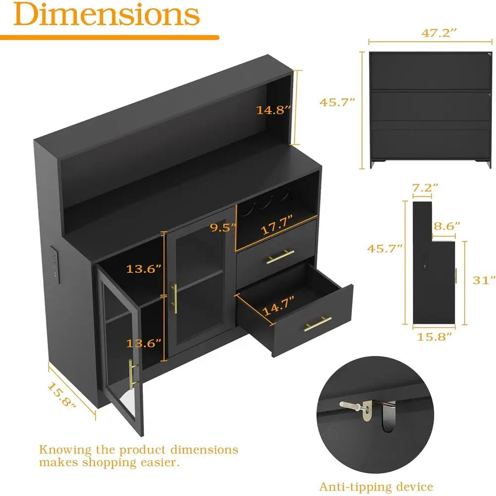 All-in-One Black Home Bar Cabinet with RGB LED Lighting, Wine & Coffee Storage, Racks, and Charging Station