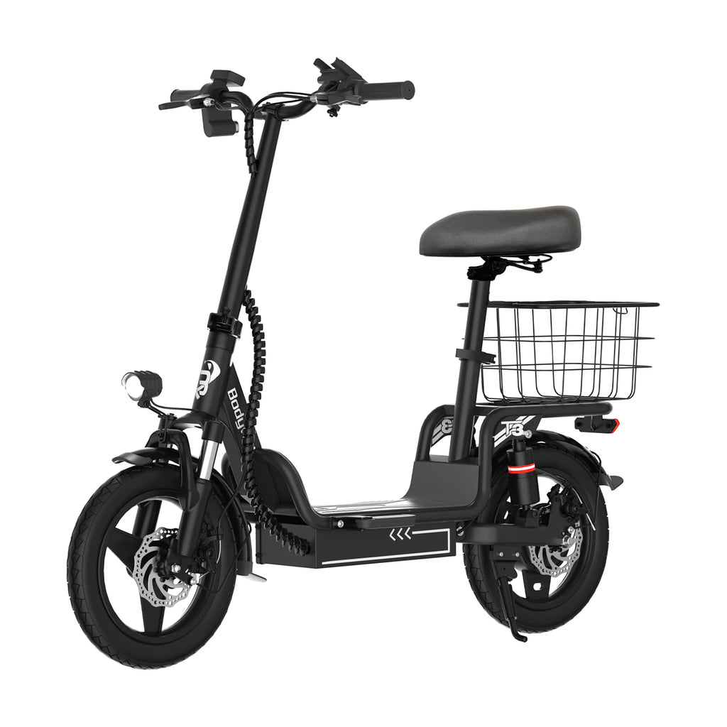 Bodywel T3 Folding Ebike - 48V 10Ah Electric Bike with Seat, 14 Inch Portable Escooter with rack & Rear Basket for Adults Urban