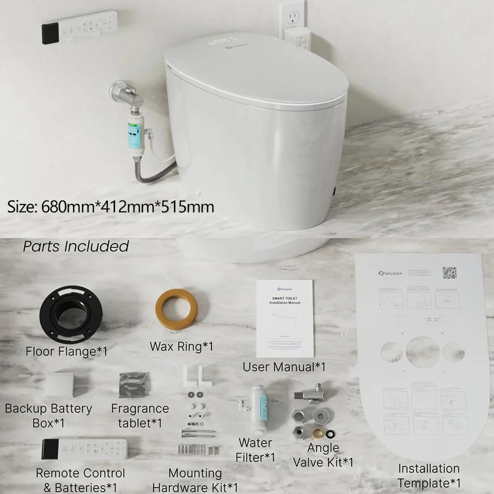 Sanyipace High-end 1000 Gram MaP Smart Toilet Seat and Bidet Extended Elliptical Shape Ergonomic Milky White Design ADA Height with Instant Heating Warm Water Auto Toilet