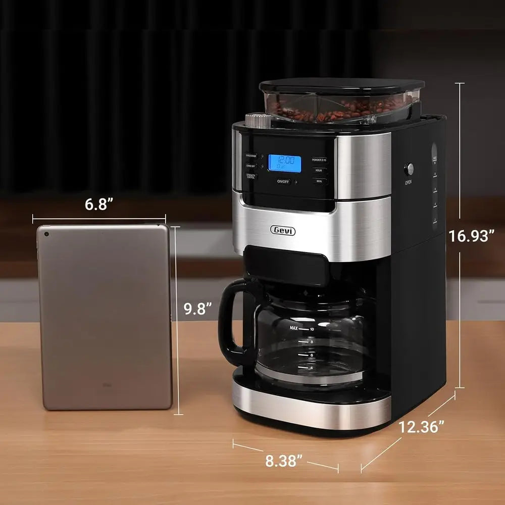 10-Cup Drip Coffee Maker with Built-in Burr Grinder & Programmable Timer, 1.5L Water Tank, Auto Keep-Warm, Reusable Filter - Fre