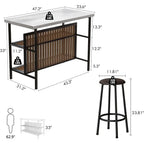 3-Piece Pub Furniture Set, 2 Bar Stools, Marble Dining Set for 2, Counter Height Table with Storage, White Kitchen Island with S