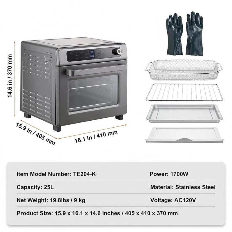 Convection Countertop Oven 25L For Kitchen Restaurant Office, 12-IN-1 Versatile Cooker 1700W Power Metal Housing Grill Pizza Pan Gloves Included 12-Slice Toast 12-Inch Pizza Capacity Professional Cooking Appliance