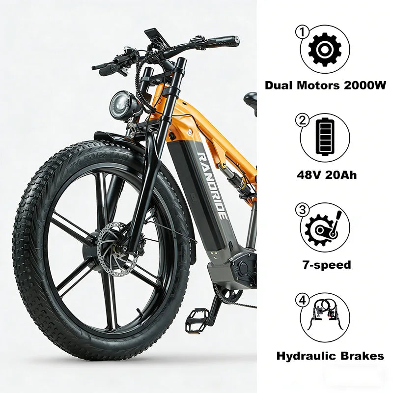 US STOCK RANDRIDE YX80 2000W Dual Motor All-Terrain E-Bike 48V 20Ah Long Range Full Suspension 7-Speed Off-Road Electric Bike
