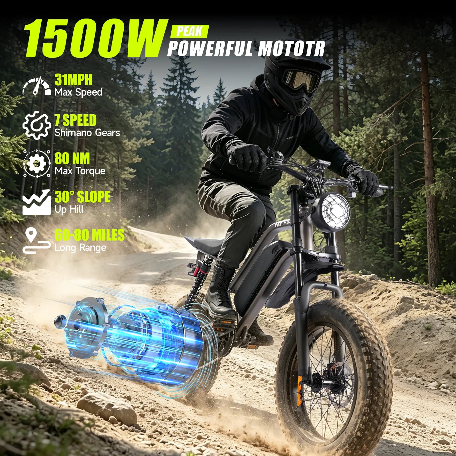 1500W Mountain Ebike 48V 15Ah Lithium Battery 31MPH Max Speed 65Miles Long Range Adult Off Road Electric Mountain Bike 20 inch
