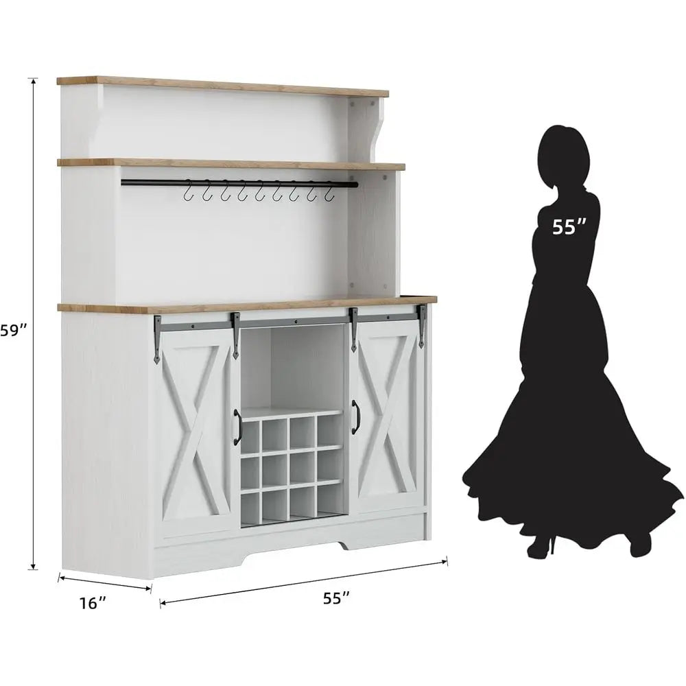 55 Large Home Coffee Bar Cabinet with 3-Tier Storage, Sliding Barn Door, 12 Wine Racks & 9 Hooks for Kitchen, Dining, Living Roo
