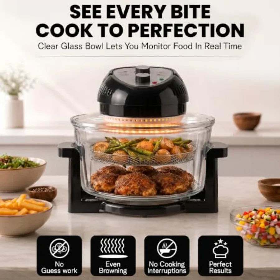 16 Qt Large Glass Air Fryer Non Toxic, Black PFOA/PTFE/BPA Free, Large Family Sized Airfryer Cooker with 3 Cooking Sections, No