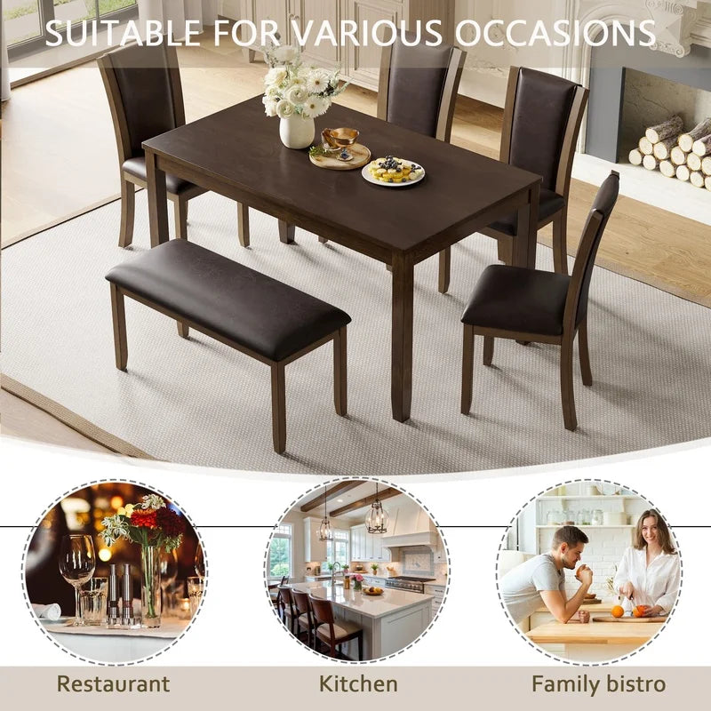 6-Piece Farmhouse Dining Set with Bench and Chairs, Dark Walnut Wooden Table for 6, Rustic Kitchen or Dining Room